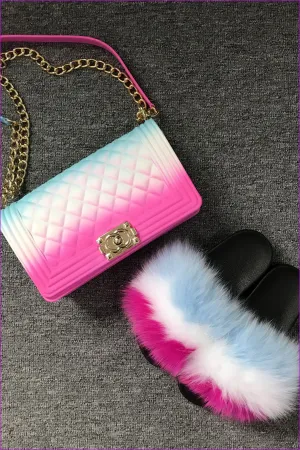Colorful #B Blue White Pink Jelly Shoulder Bag And Slides Set