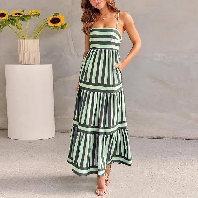 Colorful Dress for Women Striped Sleeveless Spaghetti Straps Flowy Aline Maxi Dress Summer Boho Beach Sundress