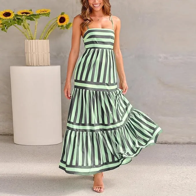 Colorful Dress for Women Striped Sleeveless Spaghetti Straps Flowy Aline Maxi Dress Summer Boho Beach Sundress