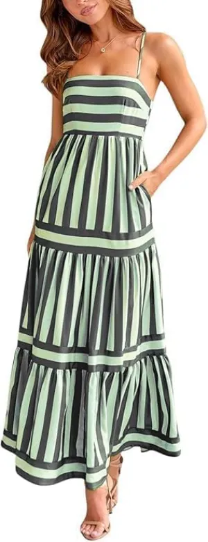 Colorful Dress for Women Striped Sleeveless Spaghetti Straps Flowy Aline Maxi Dress Summer Boho Beach Sundress
