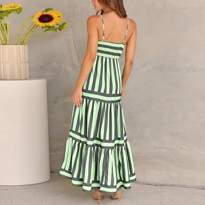 Colorful Dress for Women Striped Sleeveless Spaghetti Straps Flowy Aline Maxi Dress Summer Boho Beach Sundress