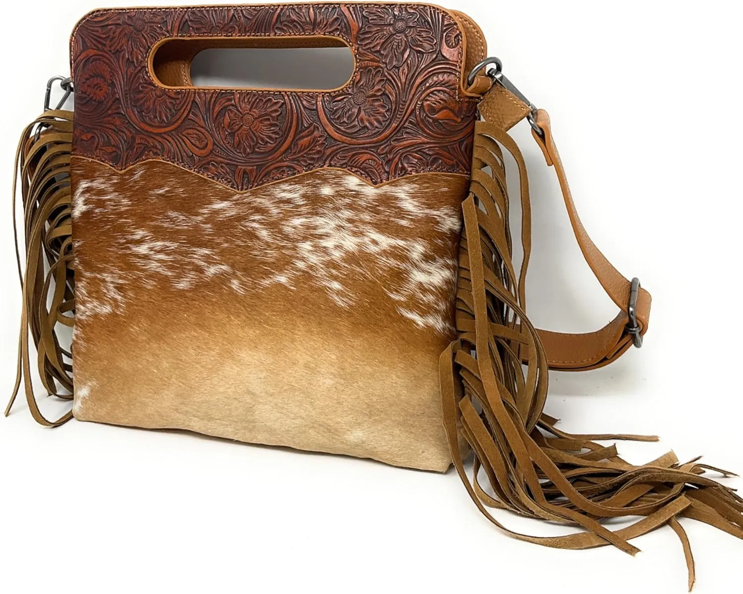 Concealed Carry Leather Western Floral Tool Cowhide Womens Fringe Clutch Crossbody in 2 colors