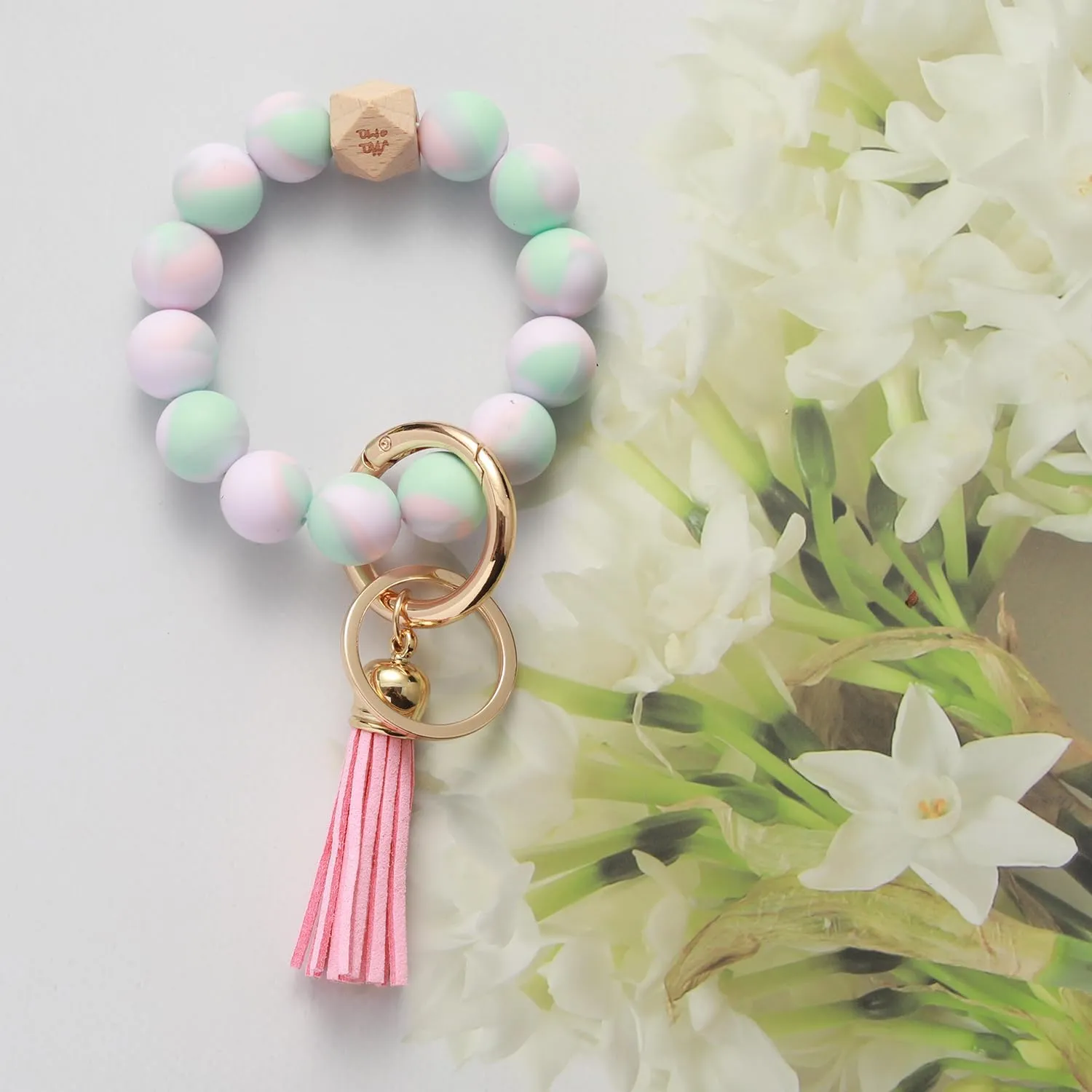 Coolcos Silicone Key Ring Bracelet Wristlet Beaded Bangle Keychain Elastic Portable Car Keyrings Chains for Women Girls