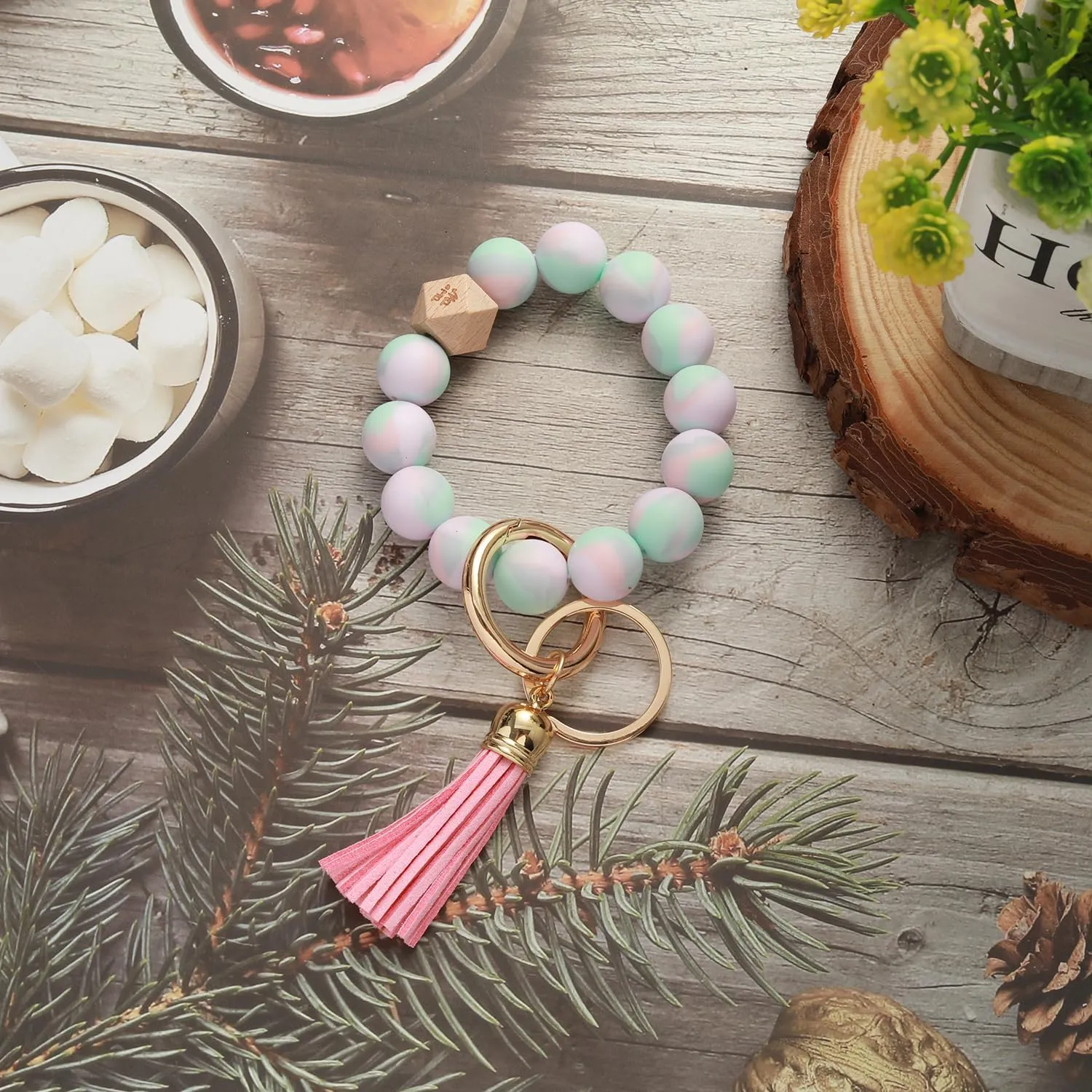 Coolcos Silicone Key Ring Bracelet Wristlet Beaded Bangle Keychain Elastic Portable Car Keyrings Chains for Women Girls