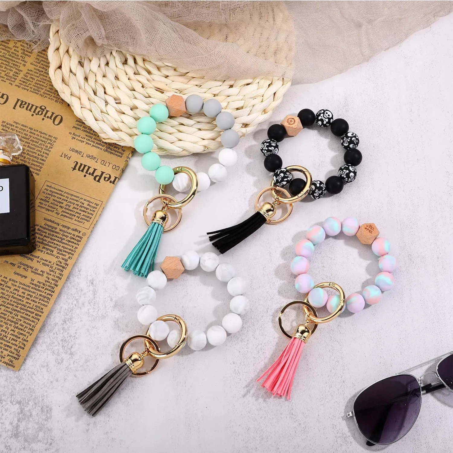 Coolcos Silicone Key Ring Bracelet Wristlet Beaded Bangle Keychain Elastic Portable Car Keyrings Chains for Women Girls