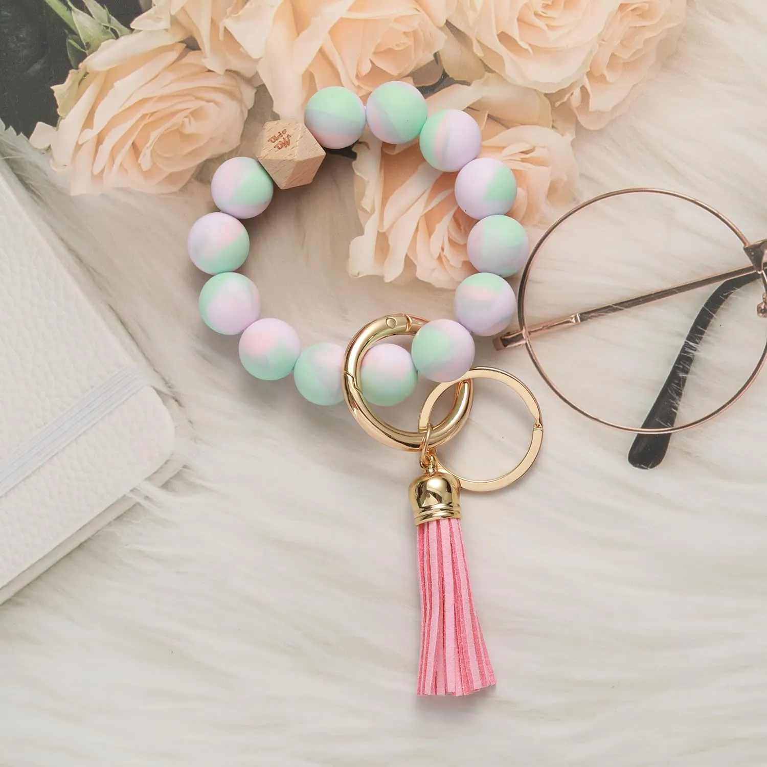 Coolcos Silicone Key Ring Bracelet Wristlet Beaded Bangle Keychain Elastic Portable Car Keyrings Chains for Women Girls