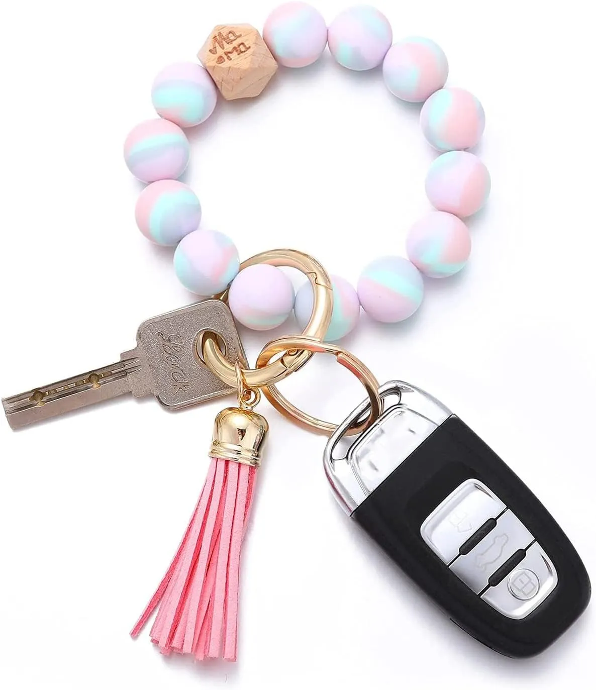 Coolcos Silicone Key Ring Bracelet Wristlet Beaded Bangle Keychain Elastic Portable Car Keyrings Chains for Women Girls
