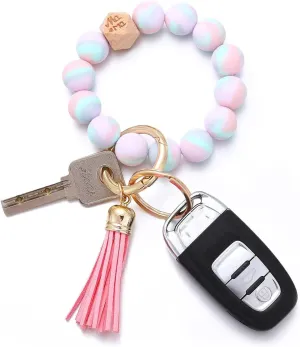 Coolcos Silicone Key Ring Bracelet Wristlet Beaded Bangle Keychain Elastic Portable Car Keyrings Chains for Women Girls