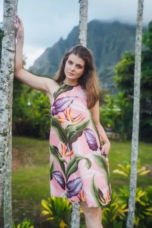 Cora Spearman Hawaii WOMENS Birds Of Paradise Mauve Halter Neck Sheath Dress