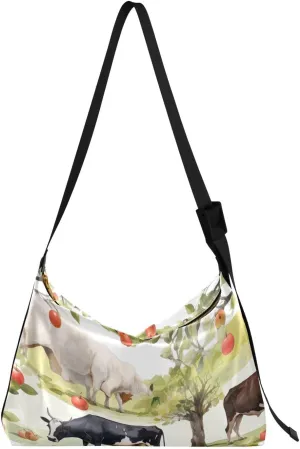 Cows Fruit Trees Tote Bag for Women Large Hobo Bags Leather Crossbody Bags Hobo Wallet with Adjustable Strap for Travel Men