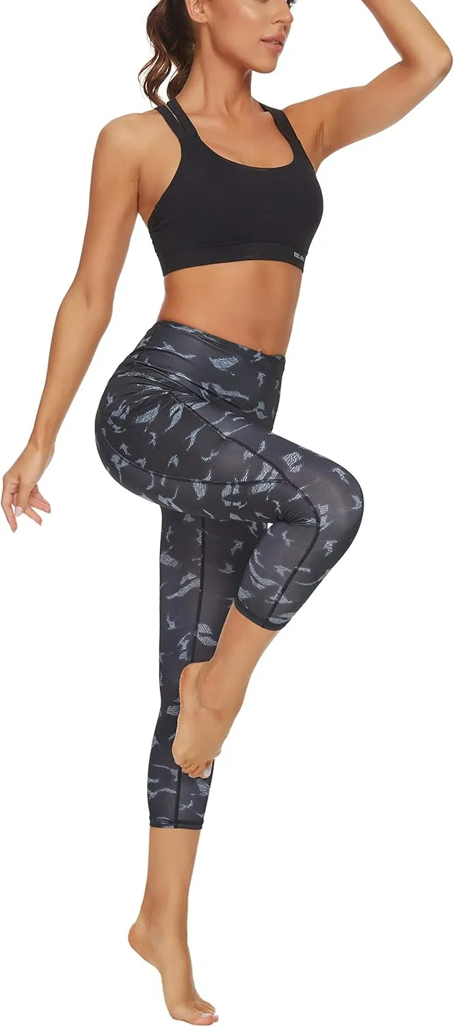 Custer's Night Women's High Waisted Yoga Capris with Pockets Tummy Control Workout Sports Running Capri Leggings