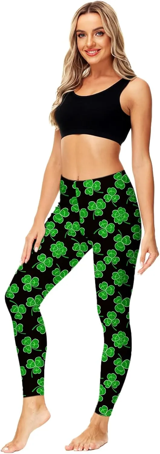 Deerose Women Mardi Gras Leggings Irish Shamrock High Waist Legging