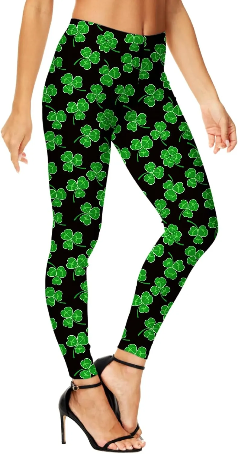 Deerose Women Mardi Gras Leggings Irish Shamrock High Waist Legging