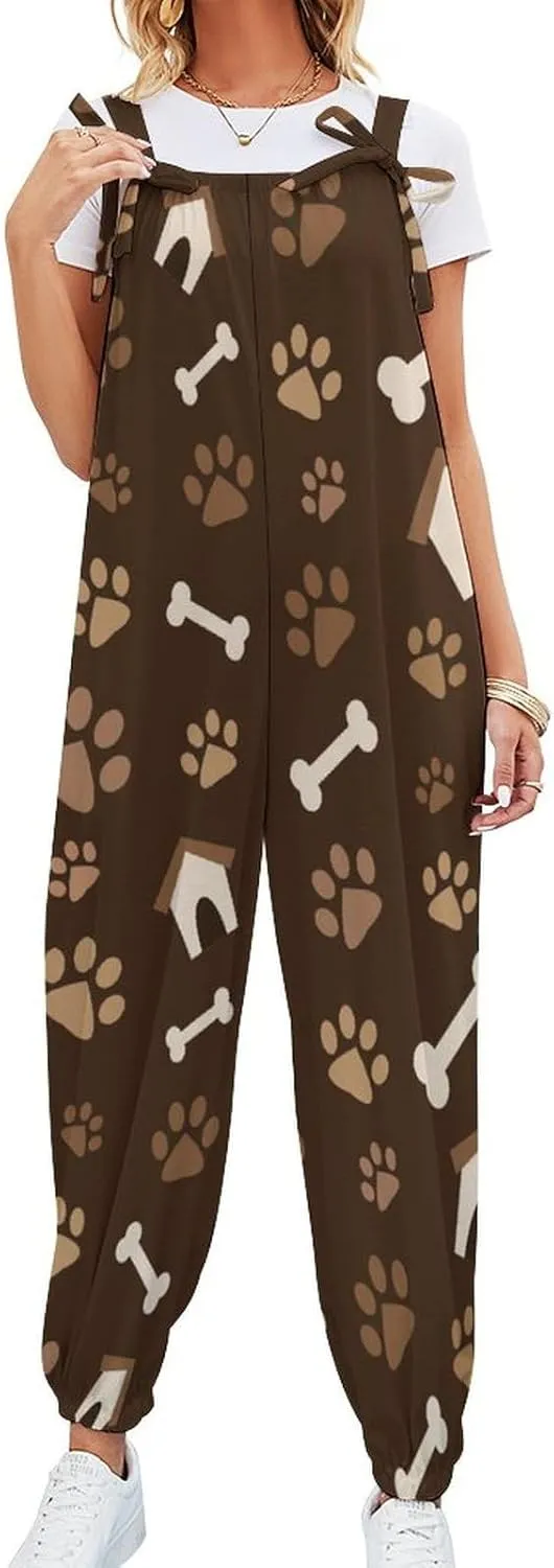 Dog Bone Paw Print Brown Suspender Womens Slings Jumpsuit Jumpsuits Anticers Loose Bow Shoulder Camisole Pant