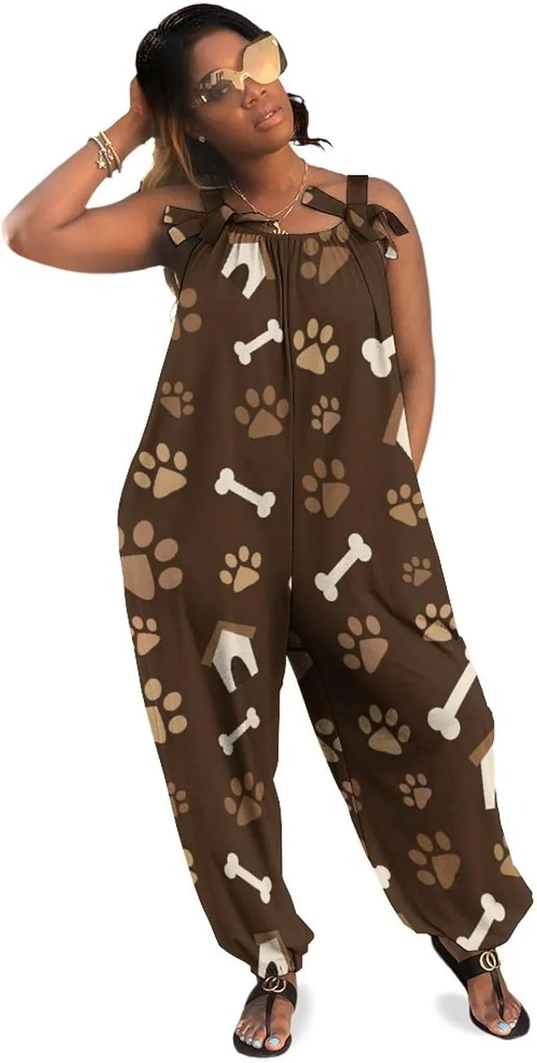 Dog Bone Paw Print Brown Suspender Womens Slings Jumpsuit Jumpsuits Anticers Loose Bow Shoulder Camisole Pant