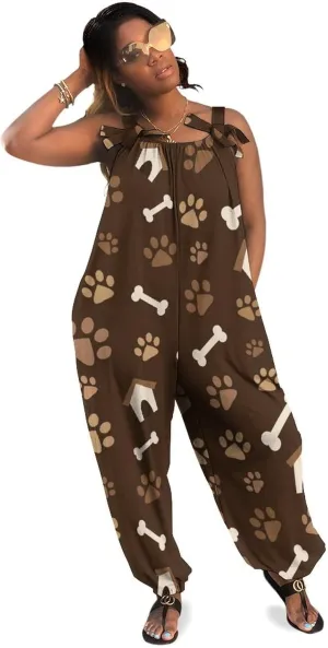 Dog Bone Paw Print Brown Suspender Womens Slings Jumpsuit Jumpsuits Anticers Loose Bow Shoulder Camisole Pant