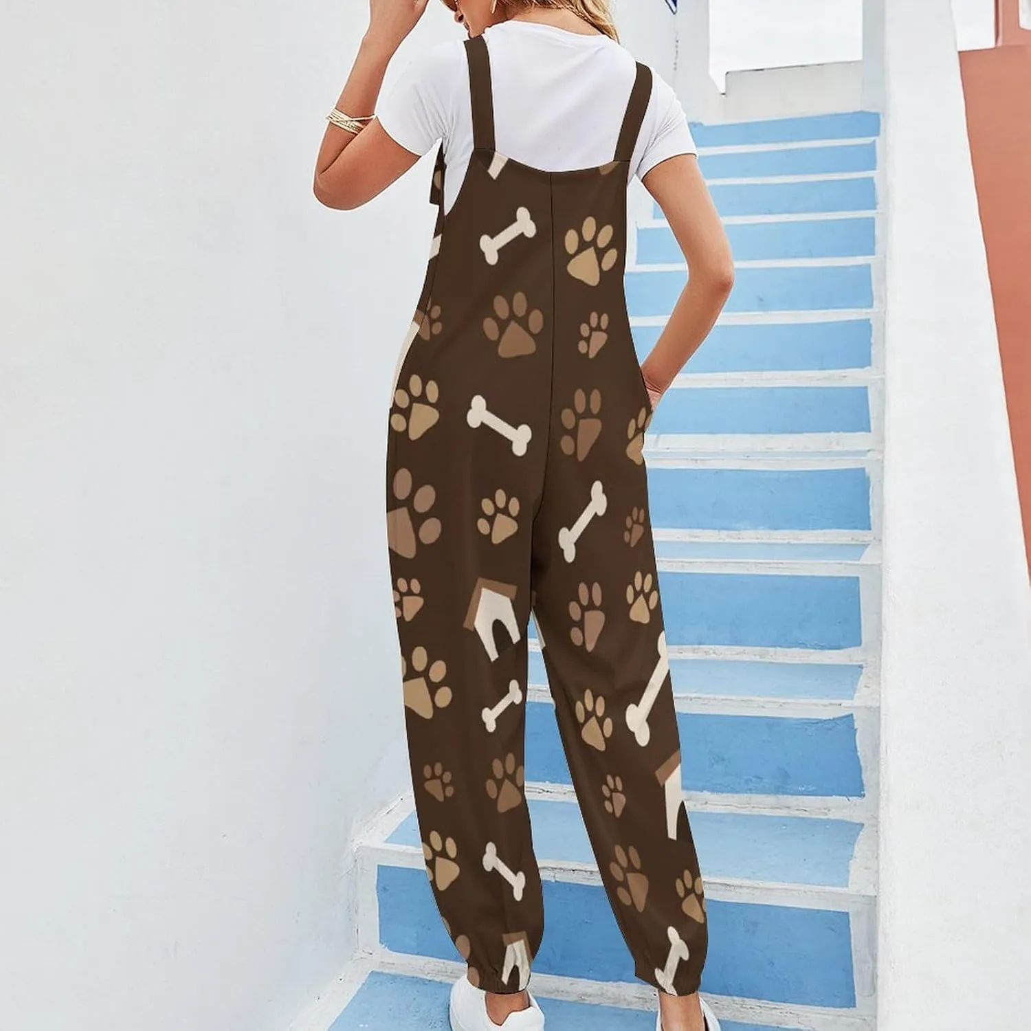 Dog Bone Paw Print Brown Suspender Womens Slings Jumpsuit Jumpsuits Anticers Loose Bow Shoulder Camisole Pant