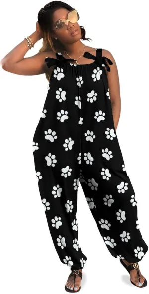 Dog Cat Animal Paws Suspender Womans Slings Jumpsuit Jumpsuits Rompers Loose Bow Shoulder Camisole Pant