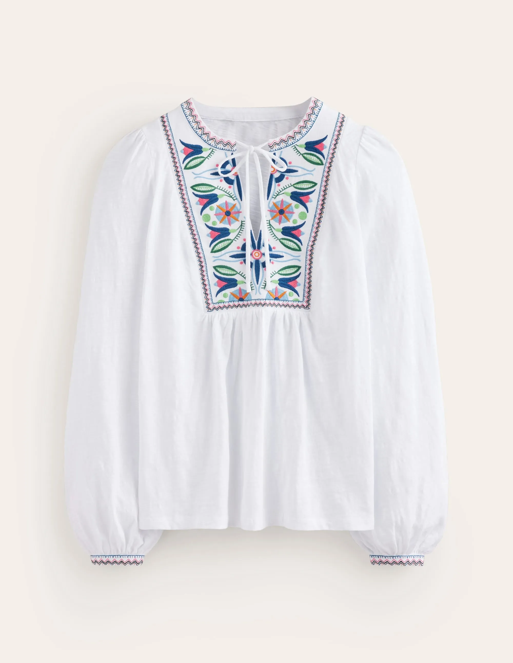 Embroidered Yoke Detail Top-White, Multi