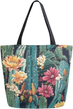 Extra Large Canvas Shoulder Tote Bag, Exotic Cactus in Colors Flowers Durable Daily Womens Handle Bag for Gym Yoga Weekender Picnic Beach Travel Kitchen Reusable Market Grocery Shopping