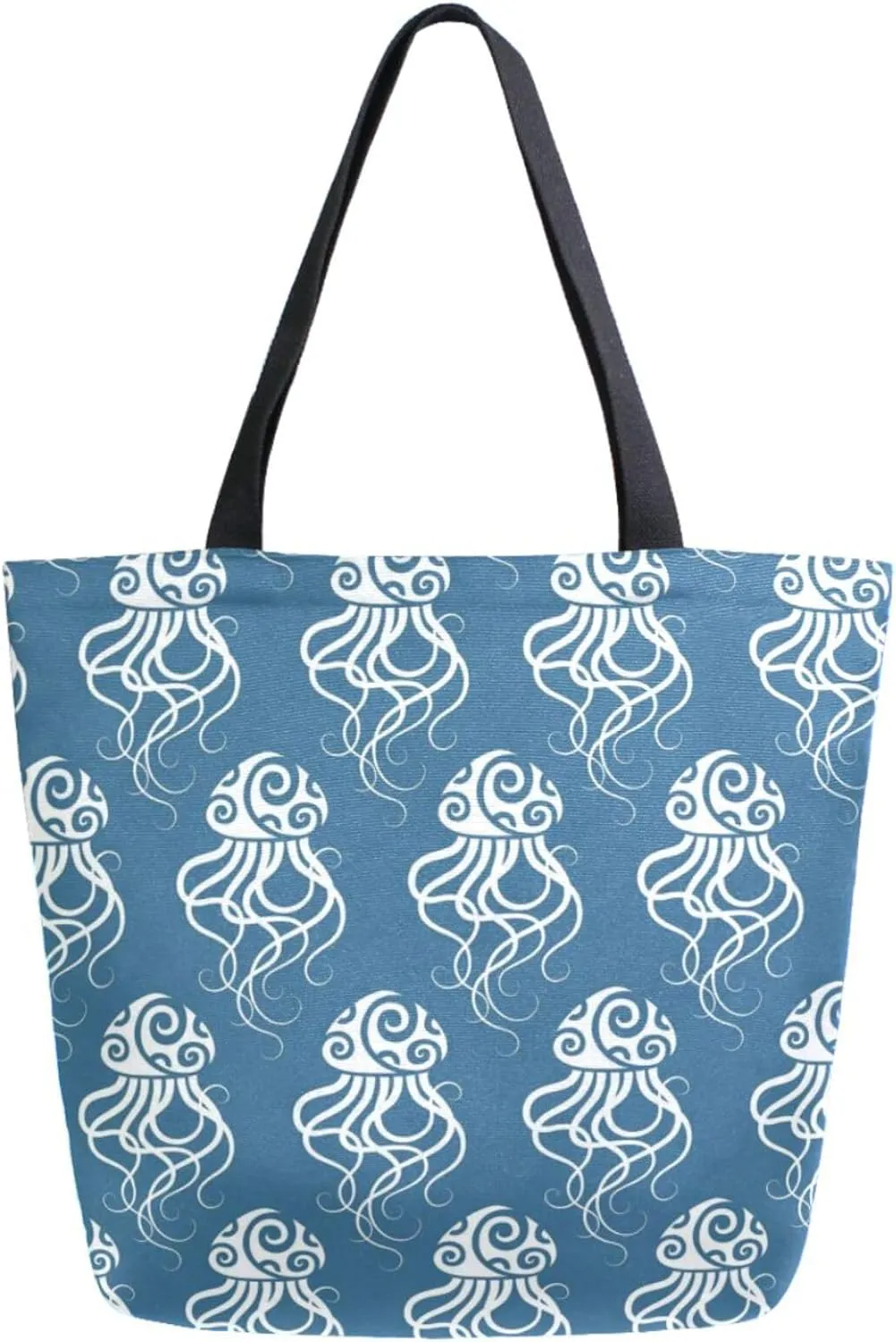Extra Large Shoulder Grocery Tote Bag, Ethnic Style Jellyfish Blue Sea Canvas Durable Daily Handle Bag Reusable for Gym Weekender Picnic Yoga Beach Travel Kitchen Market Shopping