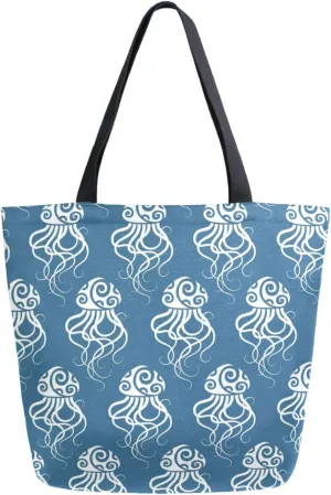 Extra Large Shoulder Grocery Tote Bag, Ethnic Style Jellyfish Blue Sea Canvas Durable Daily Handle Bag Reusable for Gym Weekender Picnic Yoga Beach Travel Kitchen Market Shopping