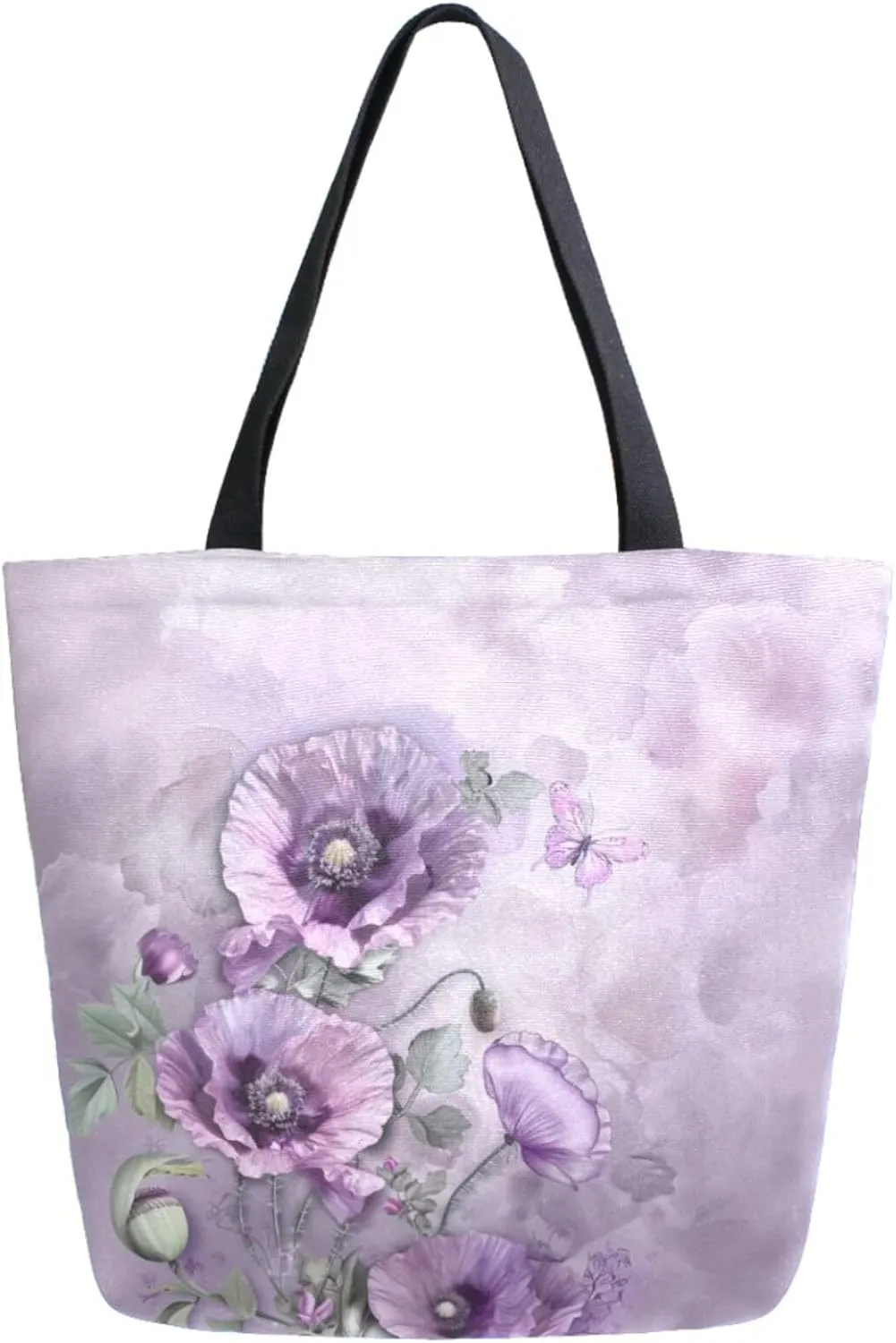 Extra Large Shoulder Grocery Tote Bag, Watercolor Purple Poppy Butterfly Canvas Durable Daily Handle Bag Reusable for Gym Weekender Picnic Yoga Beach Travel Kitchen Market Shopping