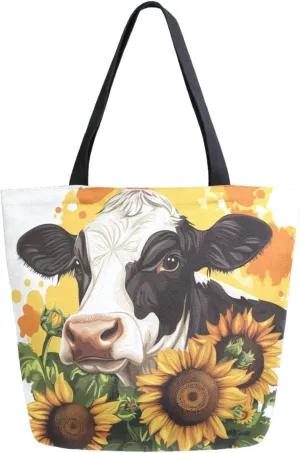Extra Large Shoulder Gym Tote Bag, Retro Style Cow and Sunflowers Canvas Handle Bag for Yoga Weekender Picnic Beach Travel Kitchen Reusable Market Grocery Shopping
