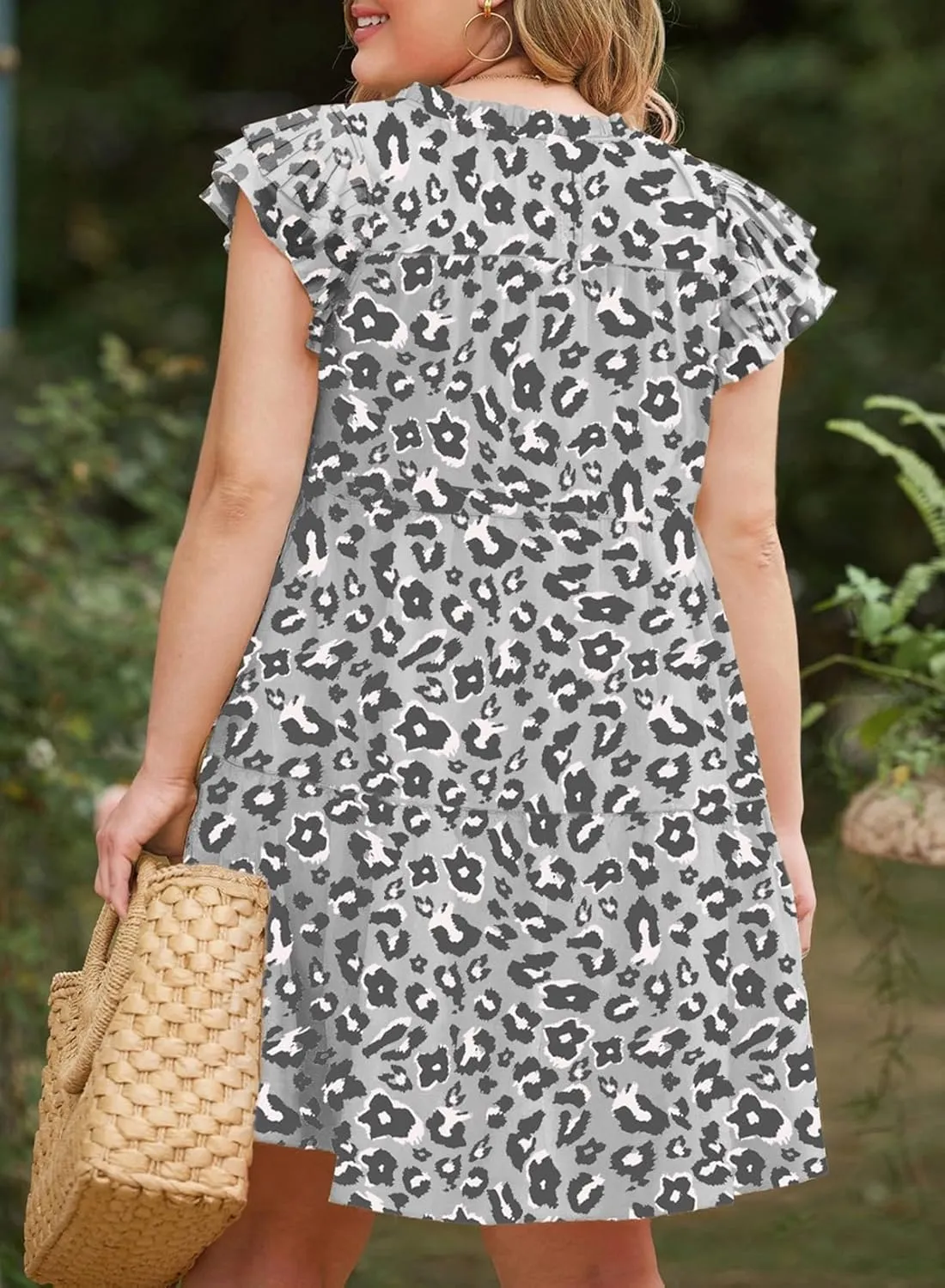 Eytino Womens Plus Size Dress Leopard Printed Crewneck Ruffle Sleeve Flowy Mini Dresses(1X-5X)