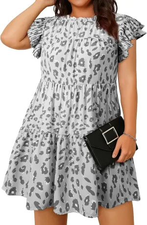 Eytino Womens Plus Size Dress Leopard Printed Crewneck Ruffle Sleeve Flowy Mini Dresses(1X-5X)