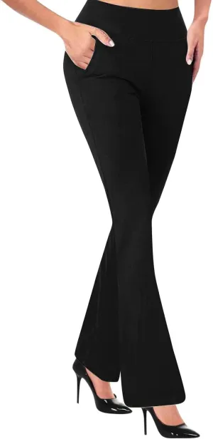 fanmpghleoo Pull On Dress Pants for Women Stretchy Yoga Work Pants High Waisted Flare Leggings with Pockets Office Slacks