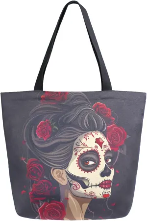 Fashion Extra Large Shoulder Grocery Tote Bag, Beautiful Sugar Skull Woman Makeup Canvas Daily Handle Bag for Gym Yoga Weekender Beach Travel Picnic Kitchen Reusable Market Shopping