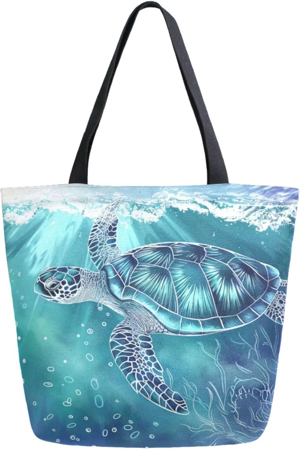 Fashion Extra Large Shoulder Grocery Tote Bag, Beautiful Wave Sea Turtle Blue Ocean Canvas Daily Handle Bag for Gym Yoga Weekender Beach Travel Picnic Kitchen Reusable Market Shopping