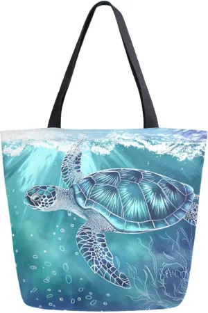 Fashion Extra Large Shoulder Grocery Tote Bag, Beautiful Wave Sea Turtle Blue Ocean Canvas Daily Handle Bag for Gym Yoga Weekender Beach Travel Picnic Kitchen Reusable Market Shopping
