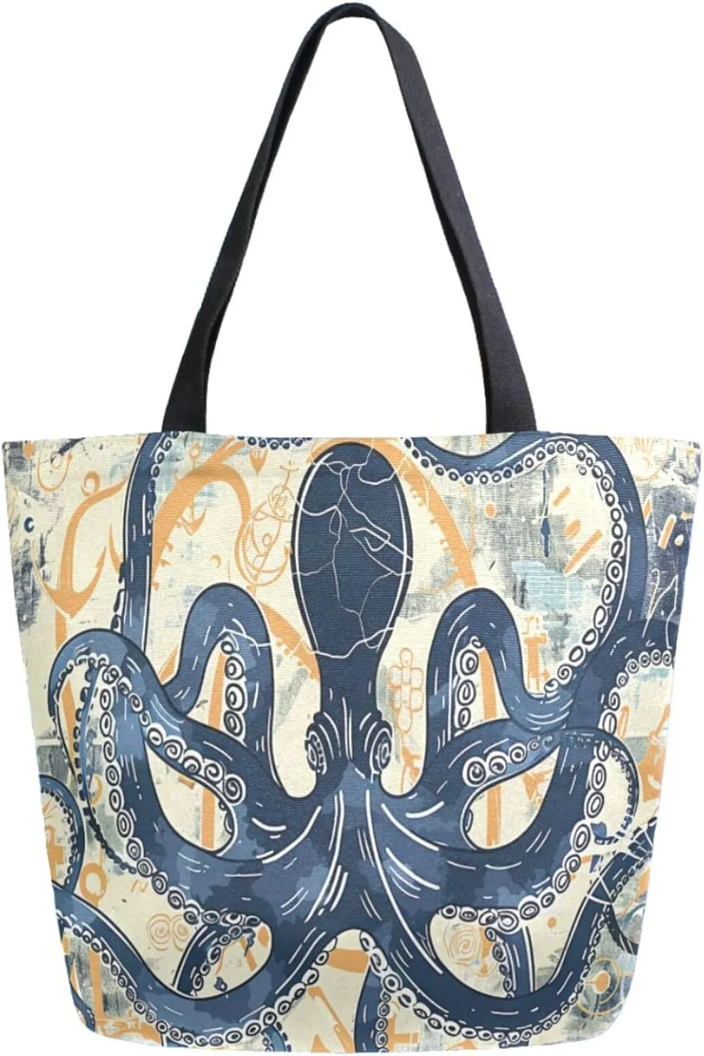 Fashion Extra Large Shoulder Grocery Tote Bag, Blue Octopus Beige Anchors Sea Canvas Daily Handle Bag for Gym Yoga Weekender Beach Travel Picnic Kitchen Reusable Market Shopping