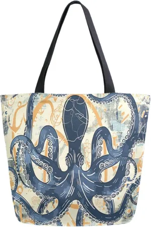 Fashion Extra Large Shoulder Grocery Tote Bag, Blue Octopus Beige Anchors Sea Canvas Daily Handle Bag for Gym Yoga Weekender Beach Travel Picnic Kitchen Reusable Market Shopping