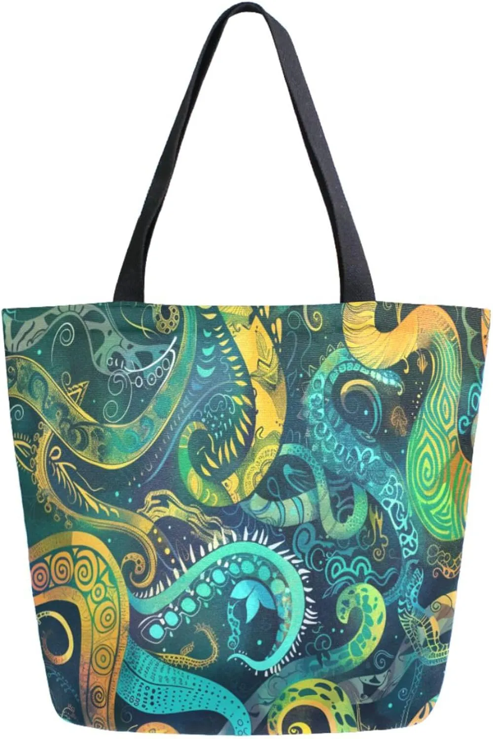 Fashion Extra Large Shoulder Grocery Tote Bag, Ethnic Tentacle Of Octopus Canvas Daily Handle Bag for Gym Yoga Weekender Beach Travel Picnic Kitchen Reusable Market Shopping