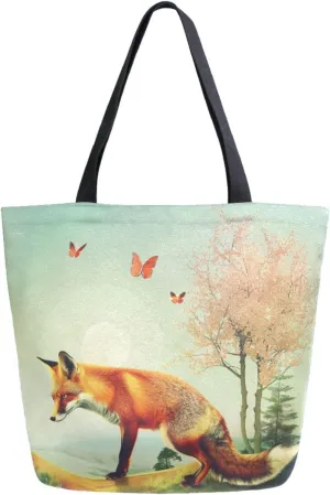 Fashion Extra Large Shoulder Grocery Tote Bag, Fairy Red Fox Tree Butterfly Canvas Daily Handle Bag for Gym Yoga Weekender Beach Travel Picnic Kitchen Reusable Market Shopping