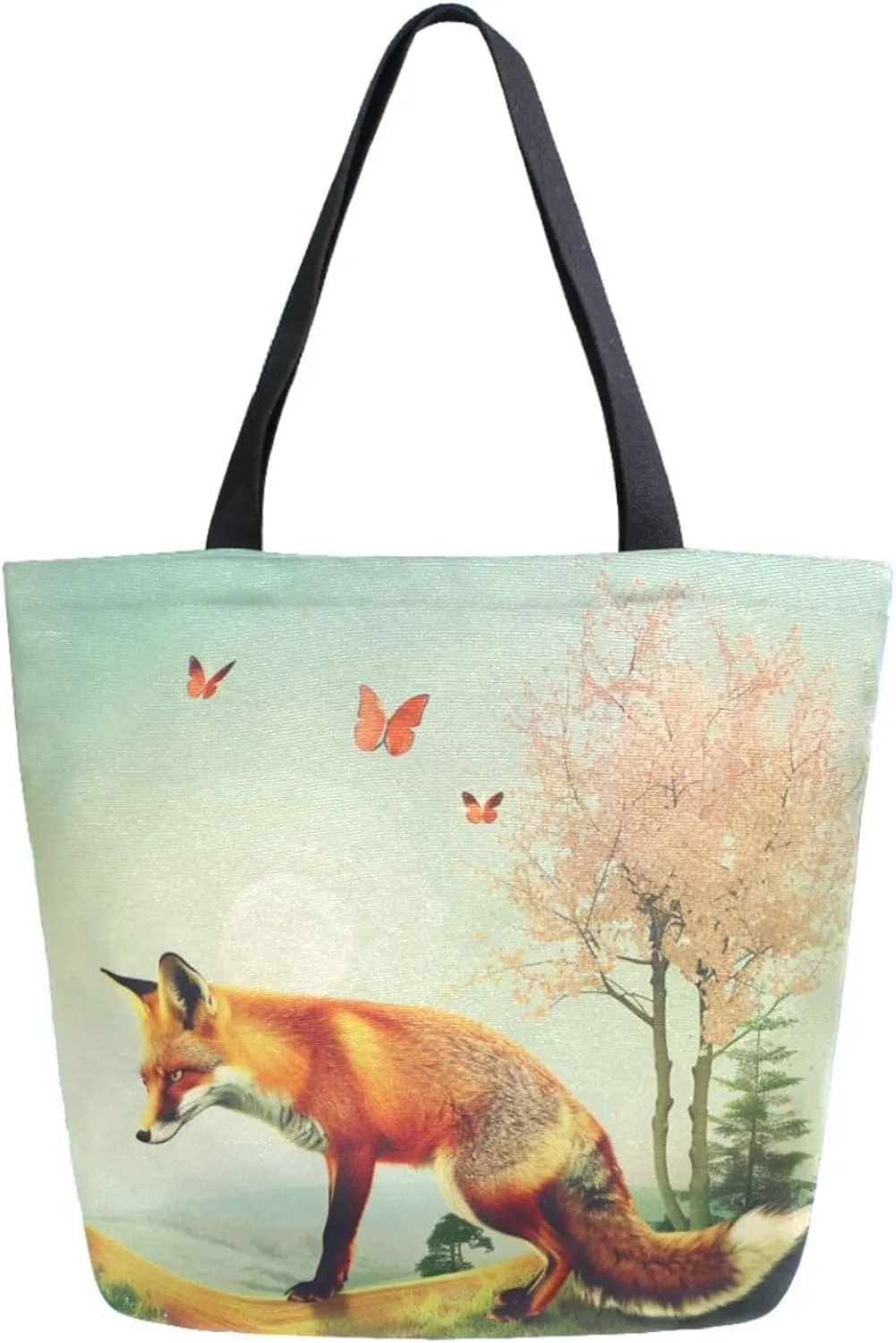 Fashion Extra Large Shoulder Grocery Tote Bag, Fairy Red Fox Tree Butterfly Canvas Daily Handle Bag for Gym Yoga Weekender Beach Travel Picnic Kitchen Reusable Market Shopping