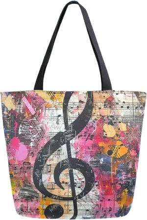 Fashion Extra Large Shoulder Grocery Tote Bag, Musical Note Painting Canvas Daily Handle Bag for Gym Yoga Weekender Beach Travel Picnic Kitchen Reusable Market Shopping