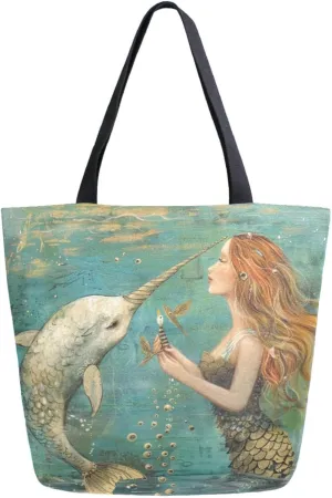 Fashion Extra Large Shoulder Grocery Tote Bag, Sea Magic Narwhal Mermaid Canvas Daily Handle Bag for Gym Yoga Weekender Beach Travel Picnic Kitchen Reusable Market Shopping