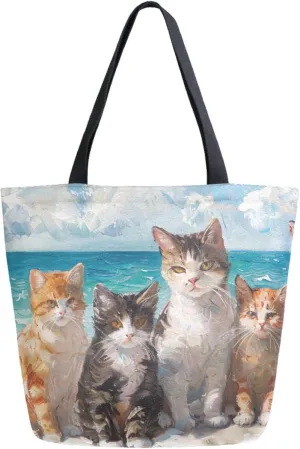 Fashion Pattern Extra Large Shoulder Grocery Tote Bag, Beautiful Painting Beach Cats Canvas Daily Handle Bag for Gym Weekender Beach Travel Kitchen Reusable Market Shopping