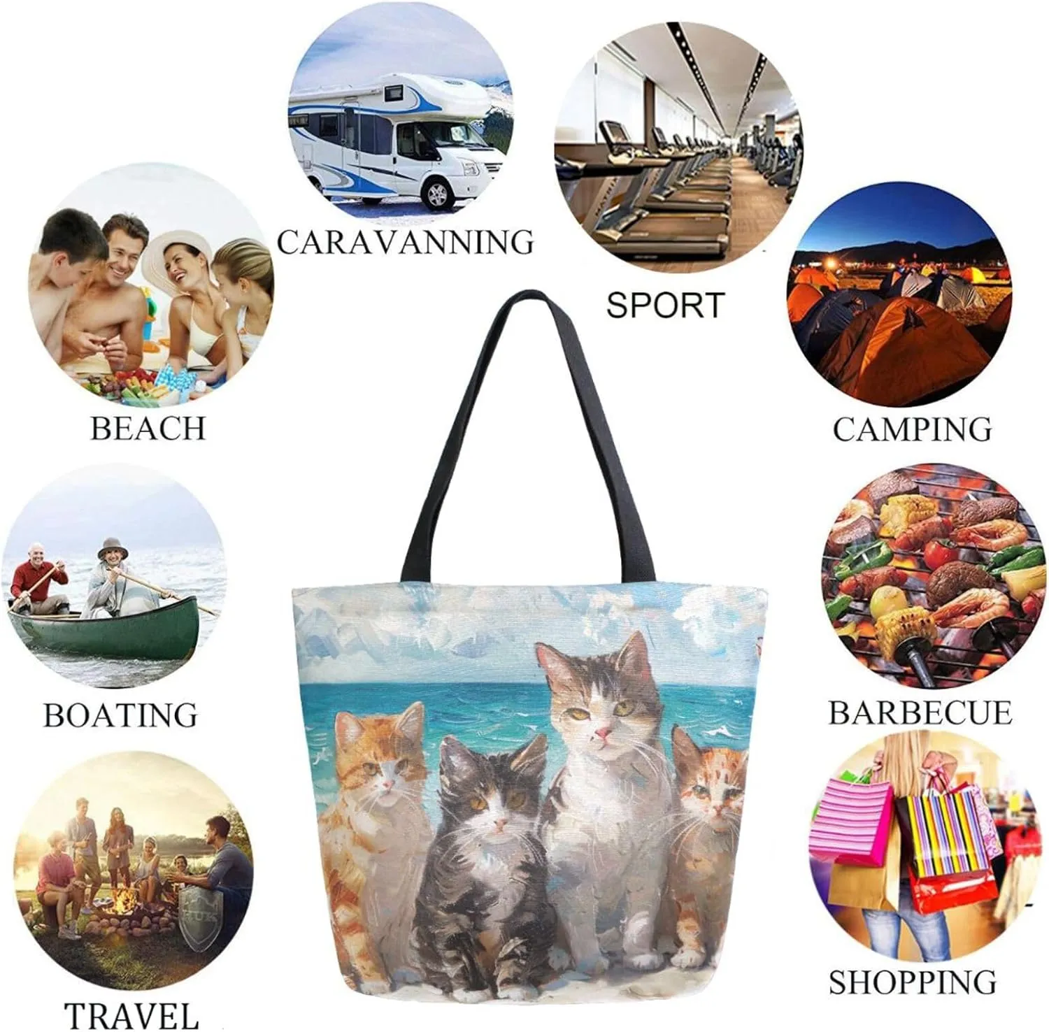Fashion Pattern Extra Large Shoulder Grocery Tote Bag, Beautiful Painting Beach Cats Canvas Daily Handle Bag for Gym Weekender Beach Travel Kitchen Reusable Market Shopping
