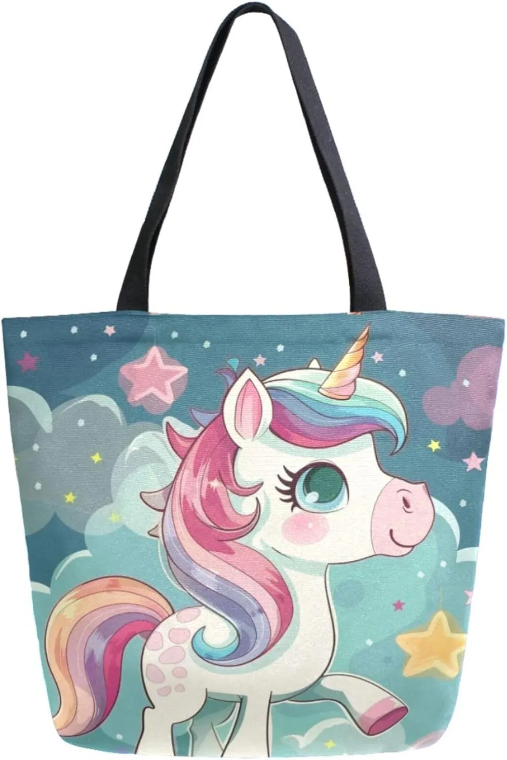Fashion Pattern Extra Large Shoulder Grocery Tote Bag, Cartoon Unicorn Stars Canvas Daily Handle Bag for Gym Weekender Beach Travel Kitchen Reusable Market Shopping