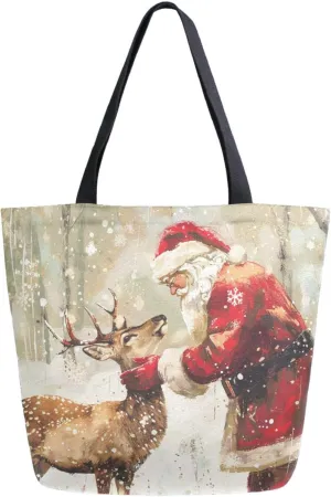 Fashion Pattern Extra Large Shoulder Grocery Tote Bag, Christmas Santa and Lovely Deer Canvas Daily Handle Bag for Gym Weekender Beach Travel Kitchen Reusable Market Shopping