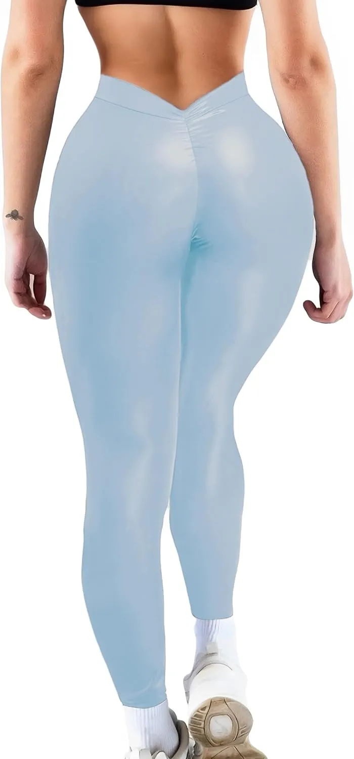 Faux Leather V-Back Leggings for Women High Waisted Tummy Control Sexy Fashion Ruched Butt Stretch Pu Pleather Tights