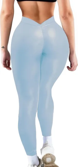 Faux Leather V-Back Leggings for Women High Waisted Tummy Control Sexy Fashion Ruched Butt Stretch Pu Pleather Tights
