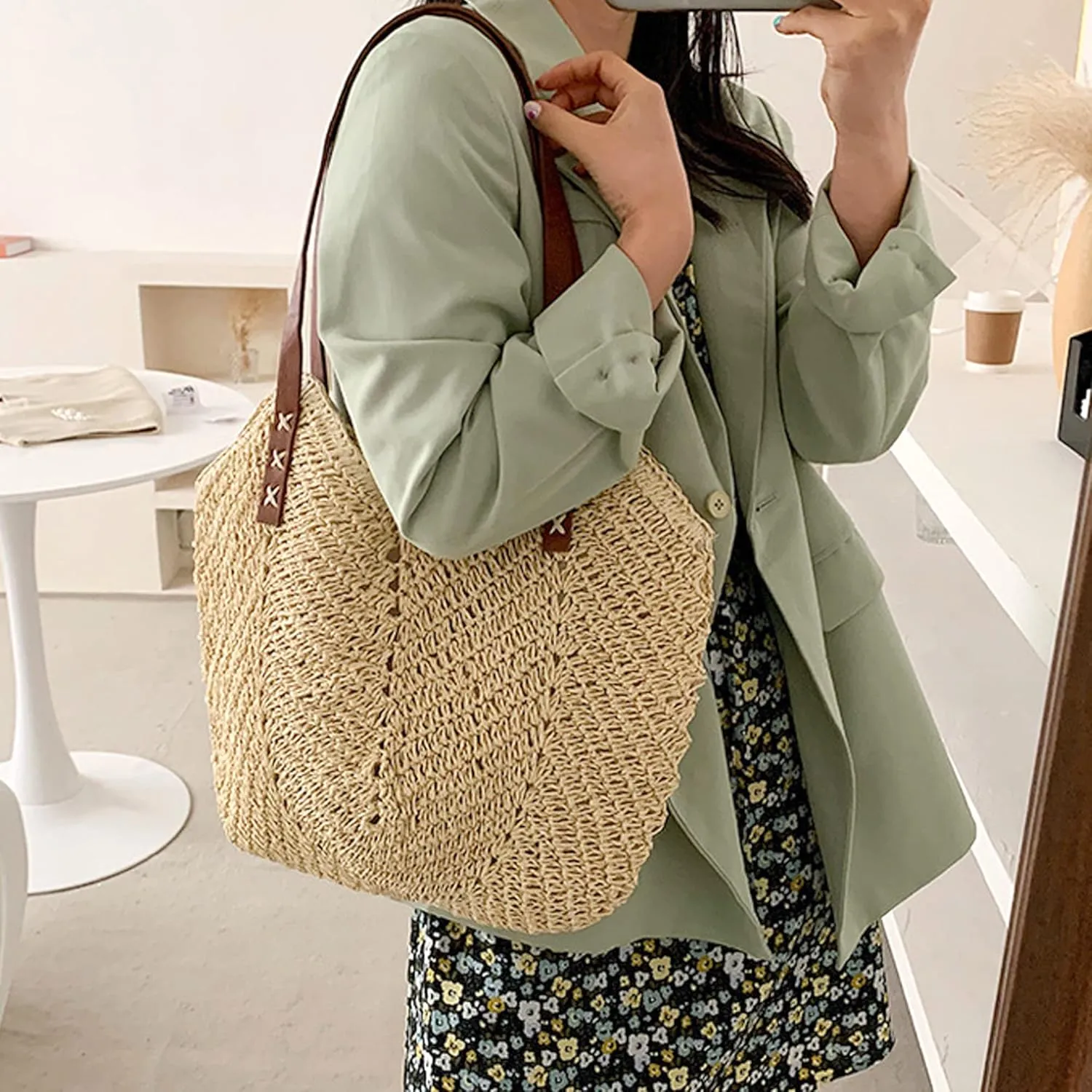 Felite Fnn Women Large Straw Woven Shoulder Bag Beach Travel Handbag Top-handle Bag Tote