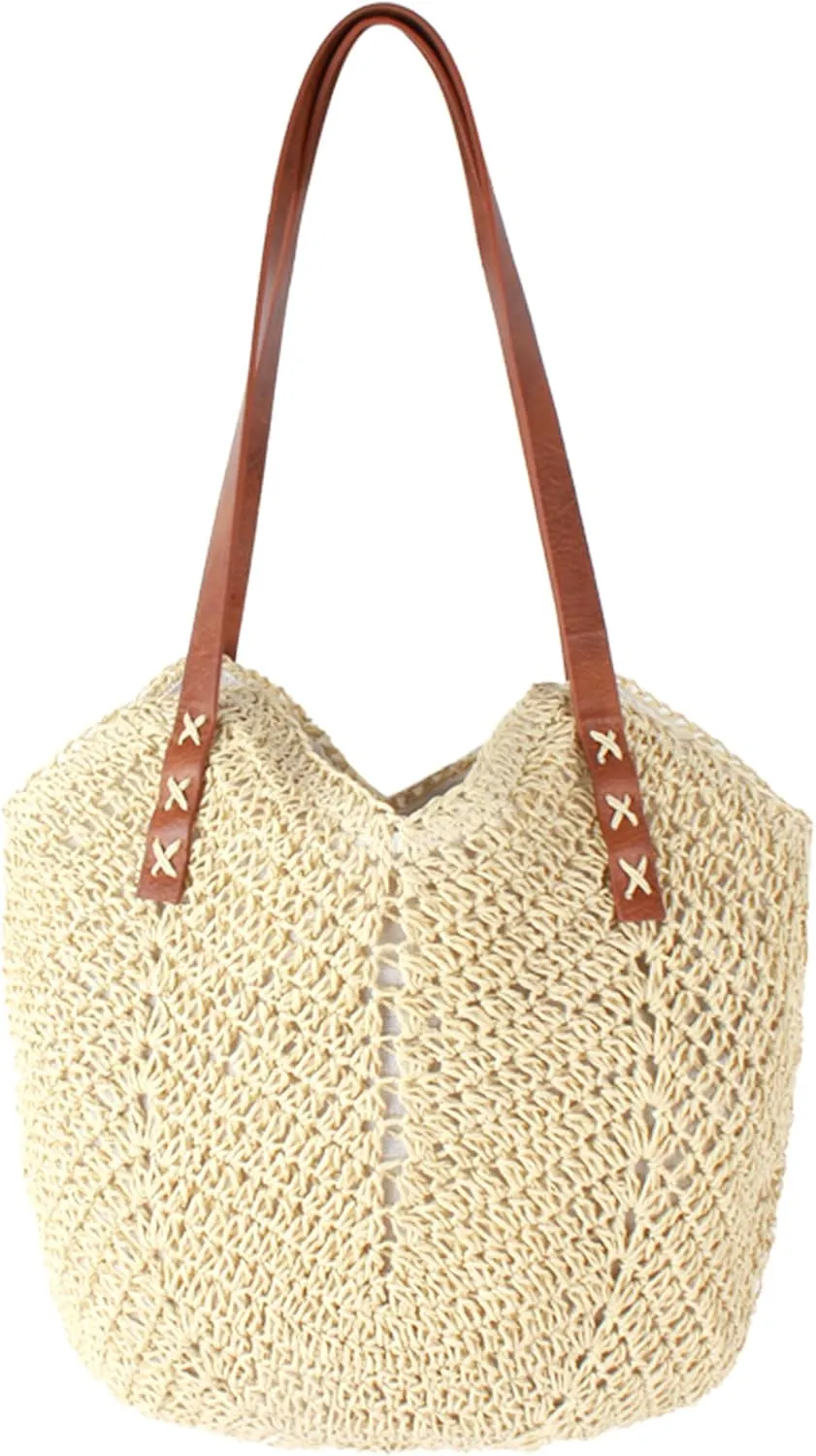 Felite Fnn Women Large Straw Woven Shoulder Bag Beach Travel Handbag Top-handle Bag Tote