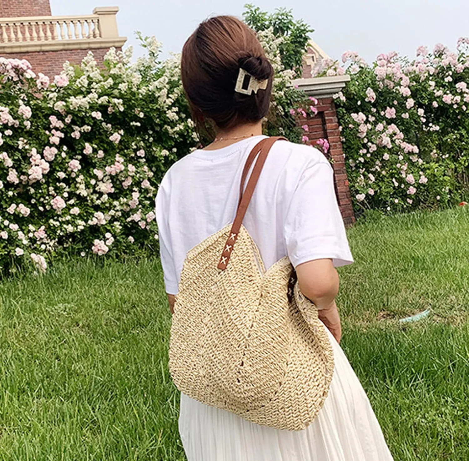 Felite Fnn Women Large Straw Woven Shoulder Bag Beach Travel Handbag Top-handle Bag Tote